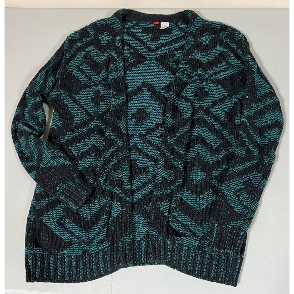 Teal Turquoise Geometric Arrow-Print Long Sleeve Knit Sweater Cardigan Size XS🖤